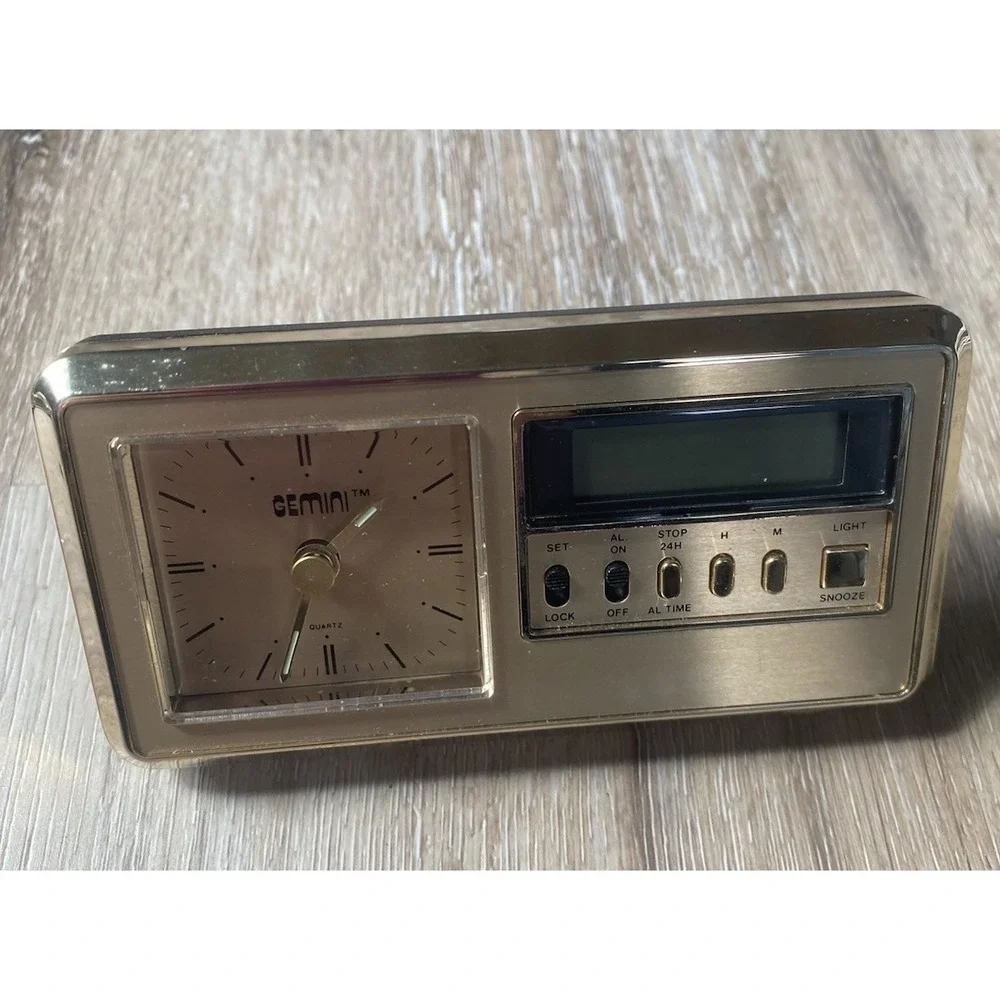 Vintage Traveling Mini Desk Travel Alarm LCD Quartz Clock Gemini - Untested